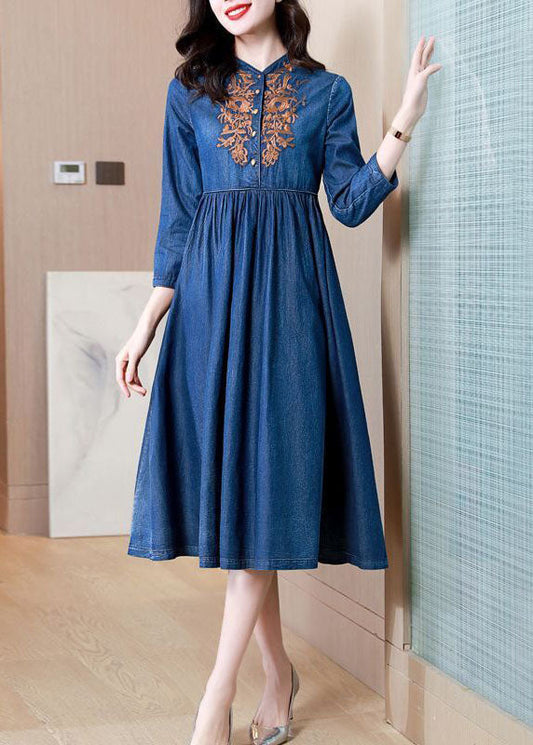 Vintage Blue Embroideried Exra Large Hem Cotton Denim Dress Bracelet Sleeve AC2004