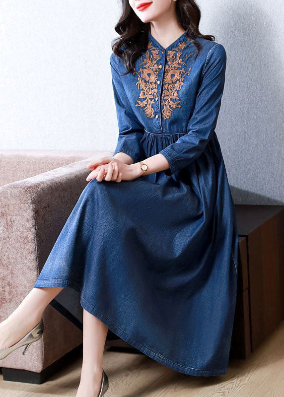 Vintage Blue Embroideried Exra Large Hem Cotton Denim Dress Bracelet Sleeve AC2004