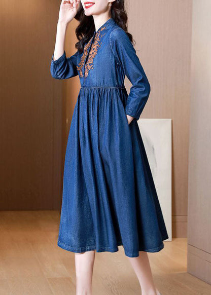 Vintage Blue Embroideried Exra Large Hem Cotton Denim Dress Bracelet Sleeve AC2004