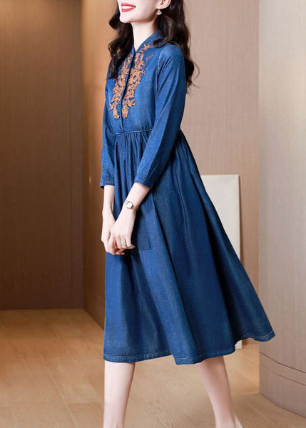 Vintage Blue Embroideried Exra Large Hem Cotton Denim Dress Bracelet Sleeve AC2004