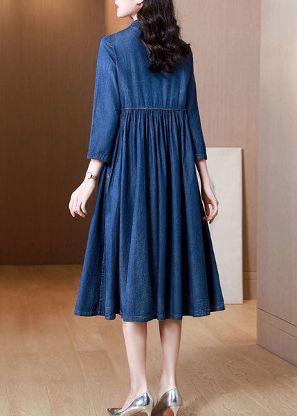 Vintage Blue Embroideried Exra Large Hem Cotton Denim Dress Bracelet Sleeve AC2004