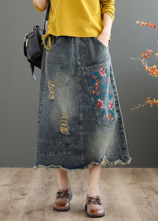 Vintage Blue Embroideried Floral Patchwork Patchwork A Line Skirt Summer TY1003