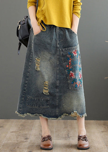 Vintage Blue Embroideried Floral Patchwork Patchwork A Line Skirt Summer TY1003