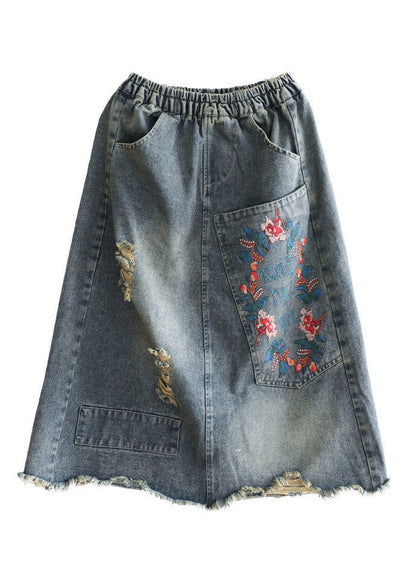 Vintage Blue Embroideried Floral Patchwork Patchwork A Line Skirt Summer TY1003