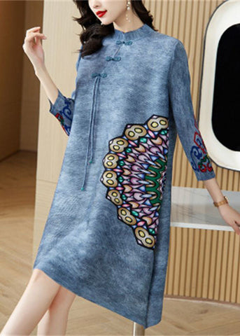 Vintage Blue Mandarin Collar Print Oriental A Line Dress  Spring LY1466