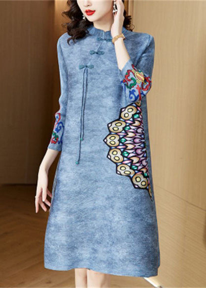 Vintage Blue Mandarin Collar Print Oriental A Line Dress  Spring LY1466