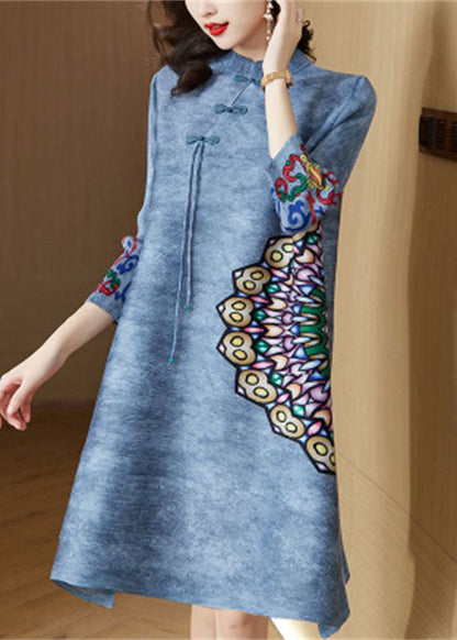 Vintage Blue Mandarin Collar Print Oriental A Line Dress  Spring LY1466