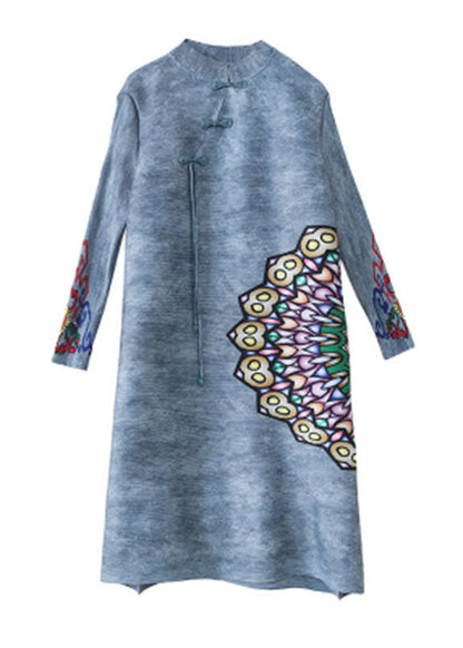 Vintage Blue Mandarin Collar Print Oriental A Line Dress  Spring LY1466