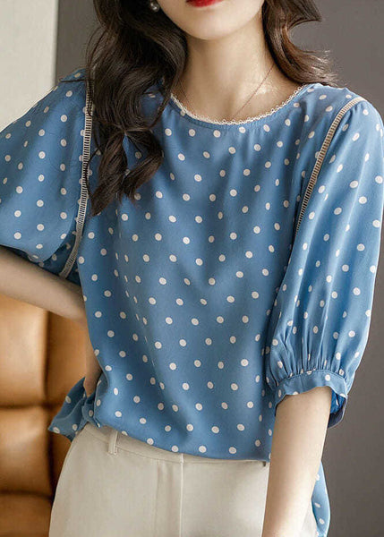Vintage Blue O-Neck Dot Print Silk Blouse Tops Summer LY0384