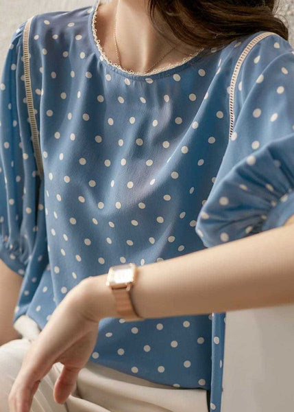 Vintage Blue O-Neck Dot Print Silk Blouse Tops Summer LY0384