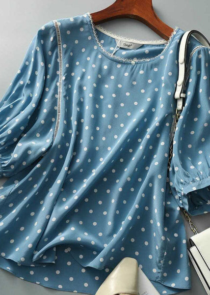 Vintage Blue O-Neck Dot Print Silk Blouse Tops Summer LY0384