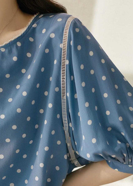Vintage Blue O-Neck Dot Print Silk Blouse Tops Summer LY0384