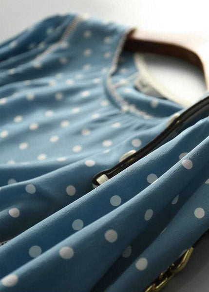 Vintage Blue O-Neck Dot Print Silk Blouse Tops Summer LY0384
