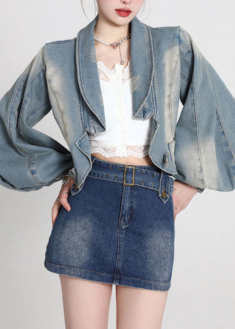 Vintage Blue Patchwork Denim Coats Lantern Sleeve LY0788
