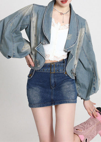 Vintage Blue Patchwork Denim Coats Lantern Sleeve LY0788