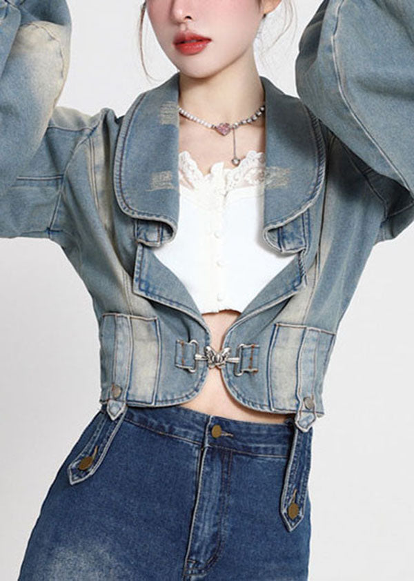 Vintage Blue Patchwork Denim Coats Lantern Sleeve LY0788