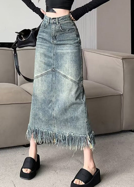 Vintage Blue Patchwork Tassel Denim Maxi Skirts Summer TY1008