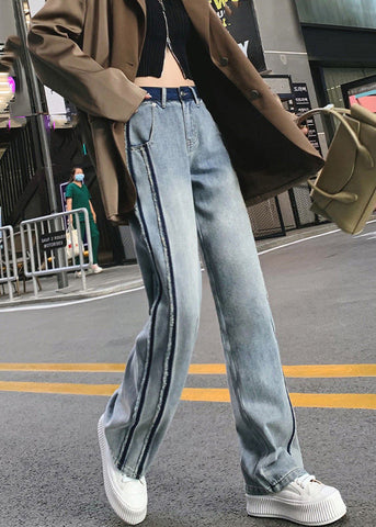 Vintage Blue Patchwork Zippered Button Straight Jeans TY1095