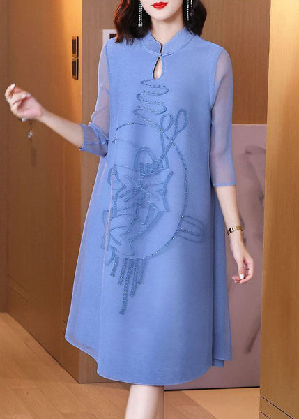 Vintage Blue Stand Collar Jacquard Wrinkled Mid Dress Bracelet Sleeve LY1461