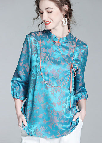 Vintage Blue Stand Collar Patchwork Jacquard Silk Blouse Tops Spring LY0139