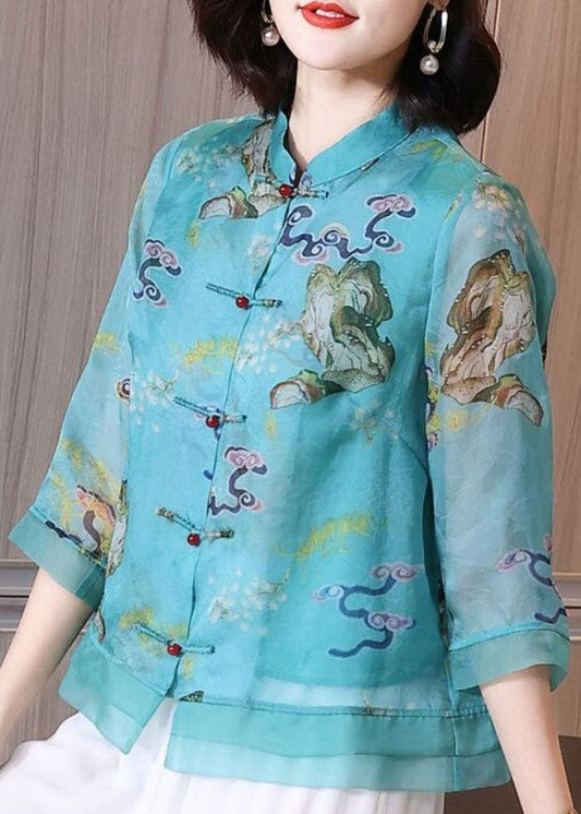 Vintage Blue Stand Collar Print Chinese Button Patchwork Linen Tops Summer TP1051