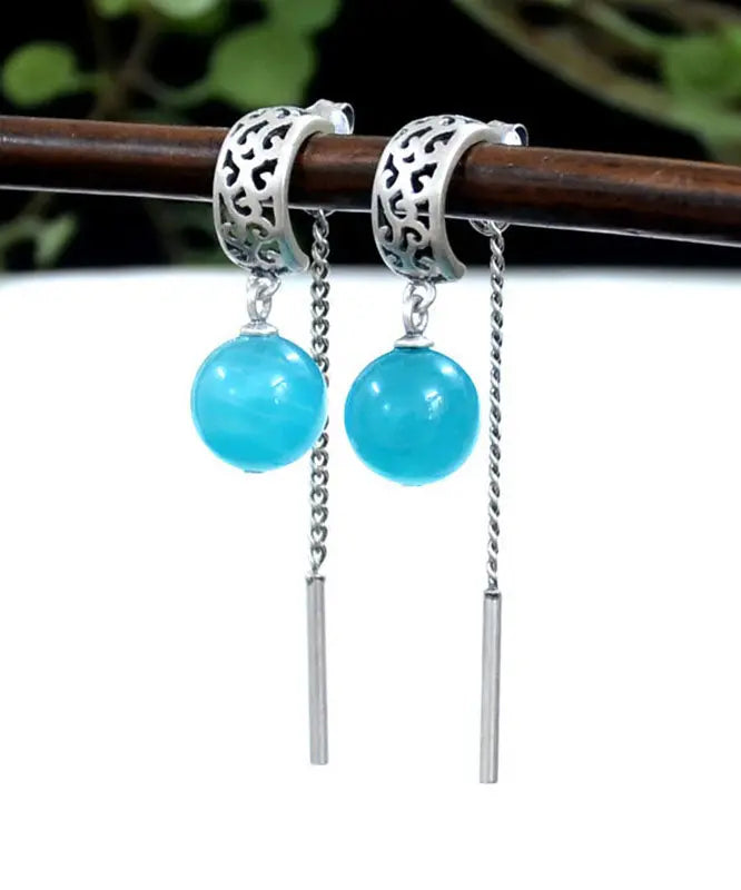 Vintage Blue Sterling Silver Gem Stone Tassel Drop Earrings Ada Fashion