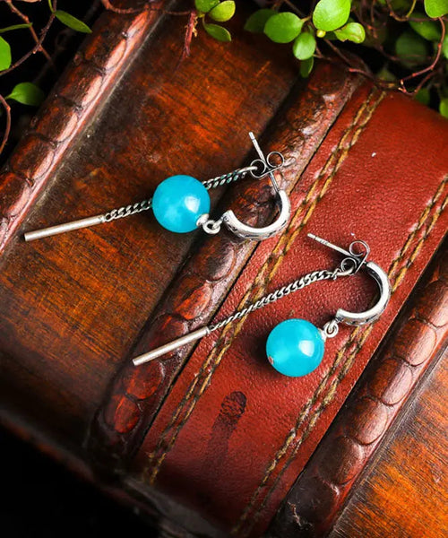 Vintage Blue Sterling Silver Gem Stone Tassel Drop Earrings Ada Fashion