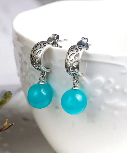 Vintage Blue Sterling Silver Gem Stone Tassel Drop Earrings Ada Fashion