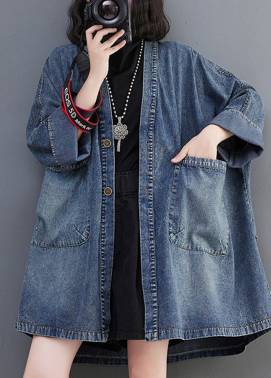 Vintage Blue V Neck Patchwork Button Trench Coats Spring AC2006