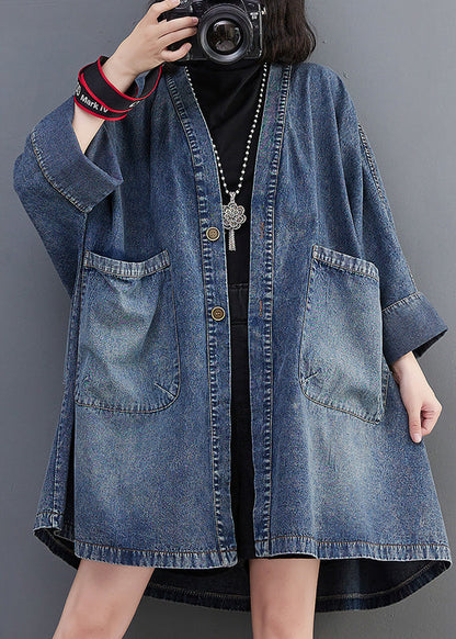 Vintage Blue V Neck Patchwork Button Trench Coats Spring AC2006