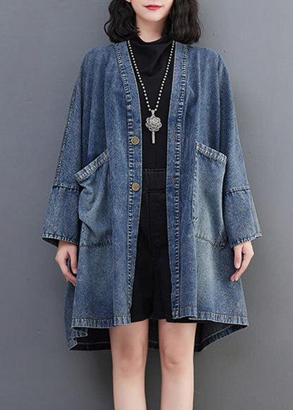 Vintage Blue V Neck Patchwork Button Trench Coats Spring AC2006