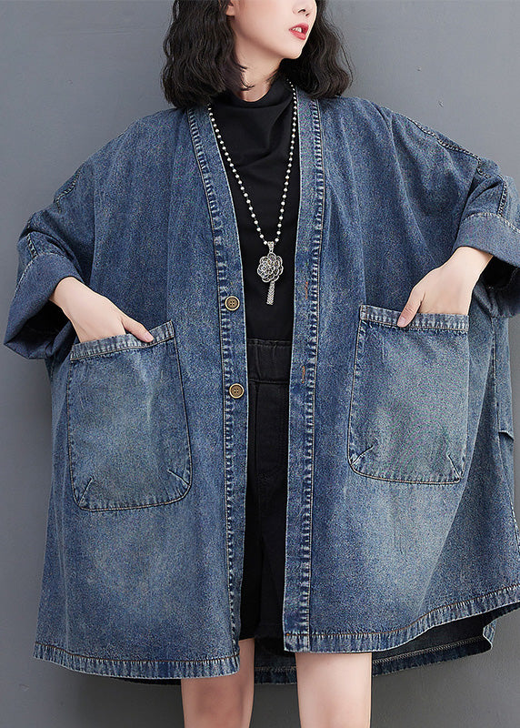 Vintage Blue V Neck Patchwork Button Trench Coats Spring AC2006