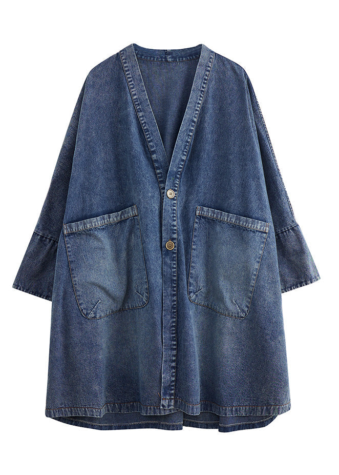 Vintage Blue V Neck Patchwork Button Trench Coats Spring AC2006