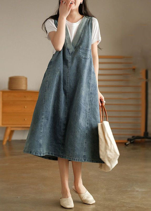 Vintage Blue V Neck Patchwork Denim Tank Dress Sleeveless LY0585