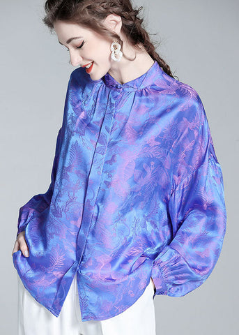 Vintage Blue Wrinkled Patchwork Jacquard Silk Shirts Spring LC0282