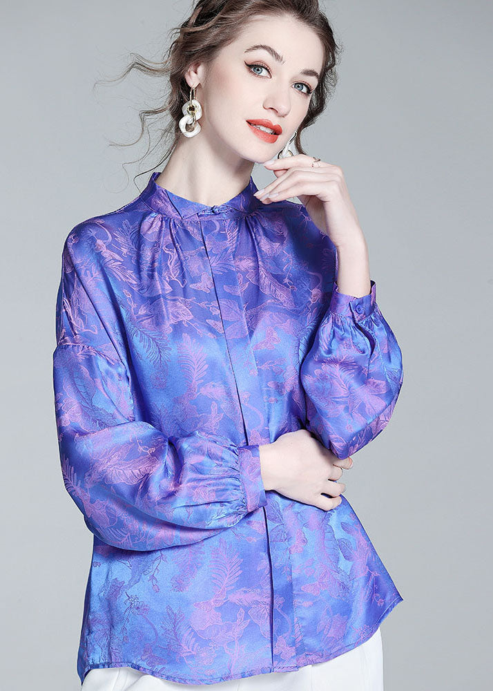 Vintage Blue Wrinkled Patchwork Jacquard Silk Shirts Spring LC0282