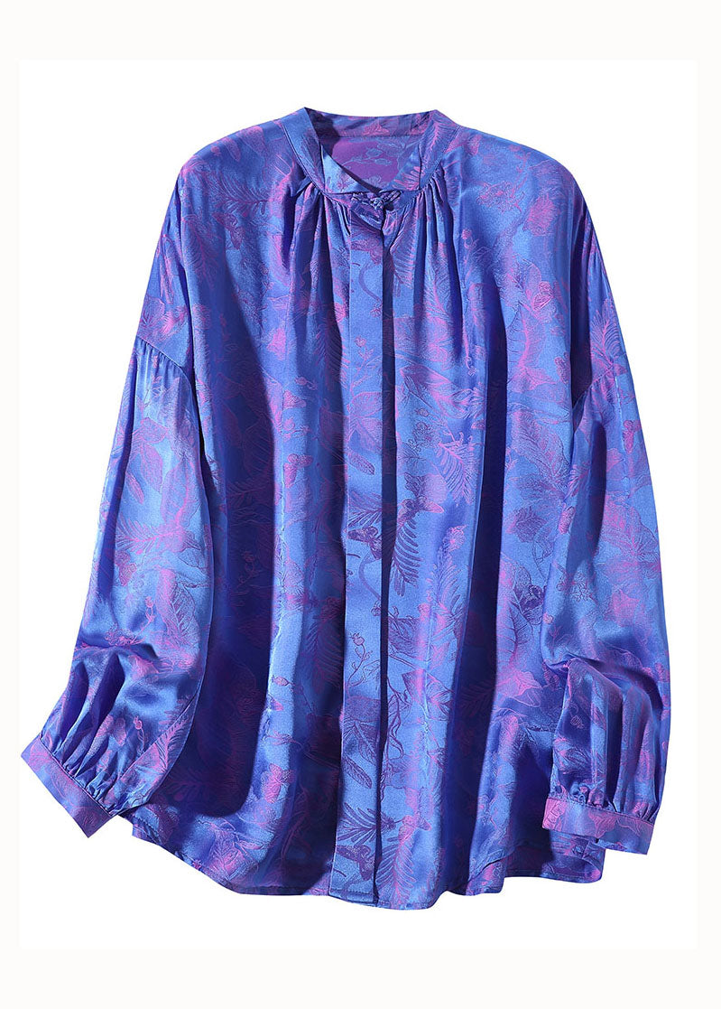 Vintage Blue Wrinkled Patchwork Jacquard Silk Shirts Spring LC0282