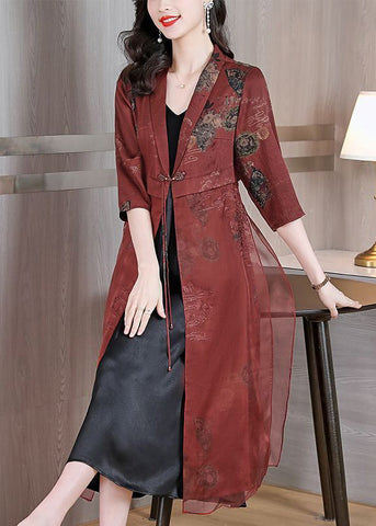 Vintage Brick Red Embroideried Silk Cardigans Bracelet Sleeve LY1005