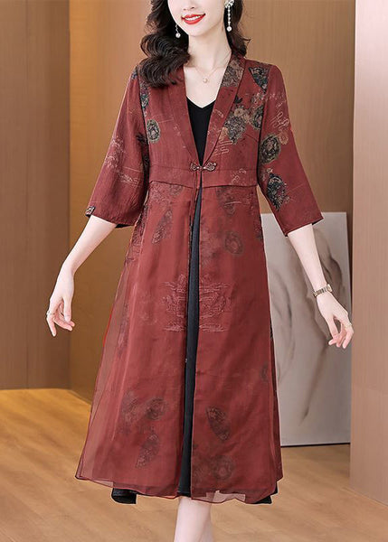 Vintage Brick Red Embroideried Silk Cardigans Bracelet Sleeve LY1005