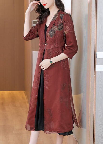 Vintage Brick Red Embroideried Silk Cardigans Bracelet Sleeve LY1005