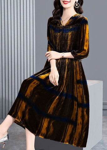 Vintage Brown Hooded Ruffled Wrinkled Silk Velour Maxi Dresses Spring LC0078