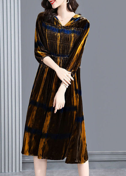 Vintage Brown Hooded Ruffled Wrinkled Silk Velour Maxi Dresses Spring LC0078