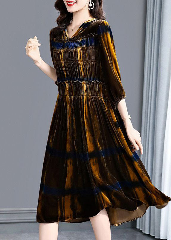 Vintage Brown Hooded Ruffled Wrinkled Silk Velour Maxi Dresses Spring LC0078
