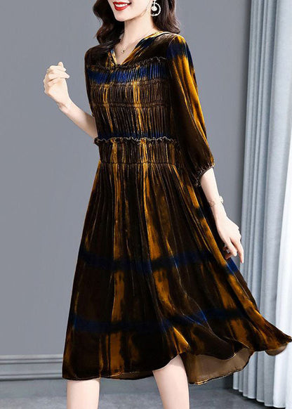 Vintage Brown Hooded Ruffled Wrinkled Silk Velour Maxi Dresses Spring LC0078