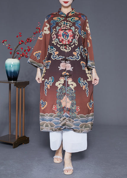 Vintage Brown Mandarin Collar Chinese Button Side Open Silk Trench Spring LY1833