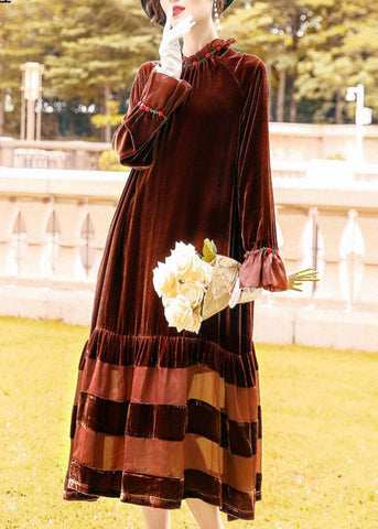 Vintage Brown Oversized Patchwork Silk Velour Robe Dresses Spring LY1070