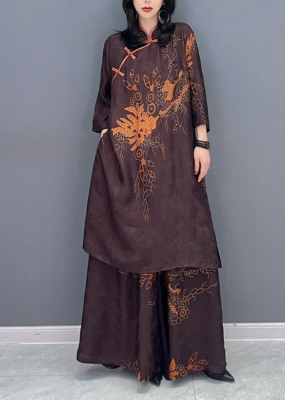 Vintage Brown Stand Collar Print Button Shirts And Wide Leg Pants Two Pieces Set Spring LC0323