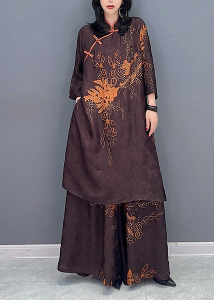 Vintage Brown Stand Collar Print Button Shirts And Wide Leg Pants Two Pieces Set Spring LC0323
