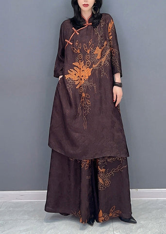 Vintage Brown Stand Collar Print Button Shirts And Wide Leg Pants Two Pieces Set Spring LC0323