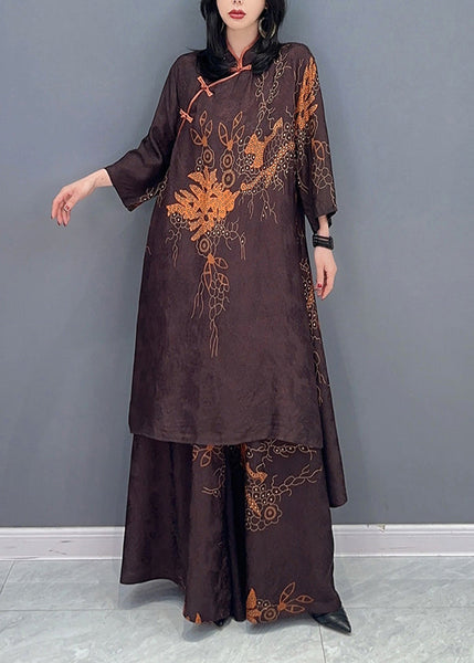 Vintage Brown Stand Collar Print Button Shirts And Wide Leg Pants Two Pieces Set Spring LC0323